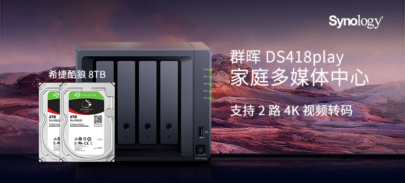 群晖DS418play NAS网络存储服务器+希捷酷狼8TB硬盘*2